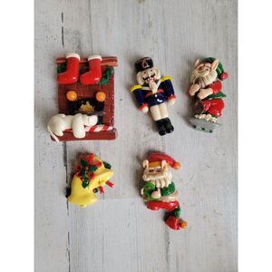 Vintage fireplace stalking dog elf Santa Claus Nutcracker magnet Xmas decor